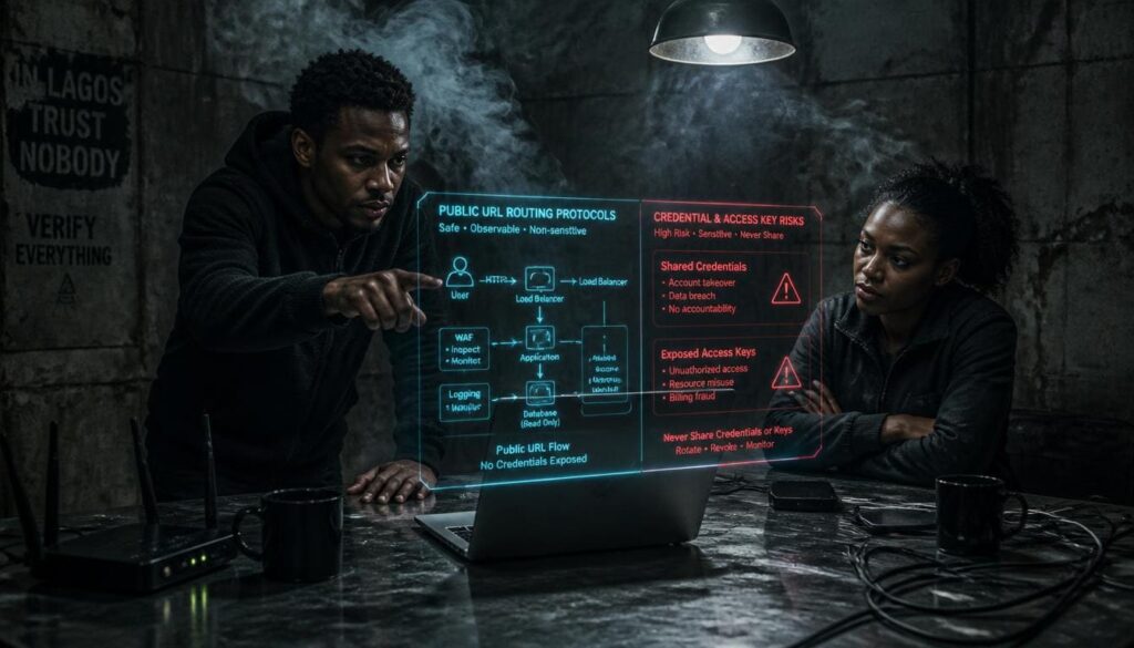 A cybersecurity infographic displaying public URL processing versus direct account login risks.