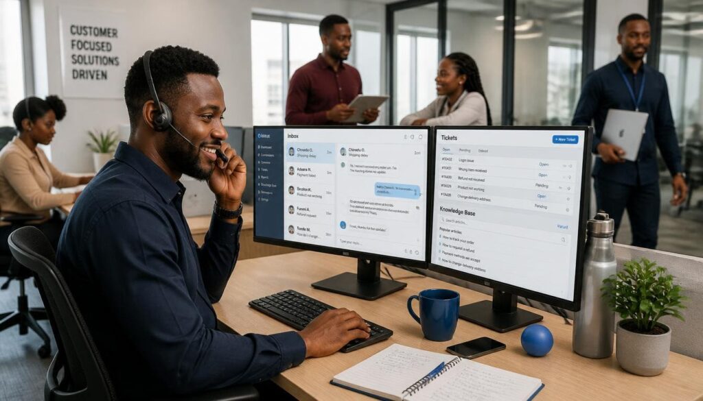 Dedicated customer support agent responding quickly to client service tickets in an office.