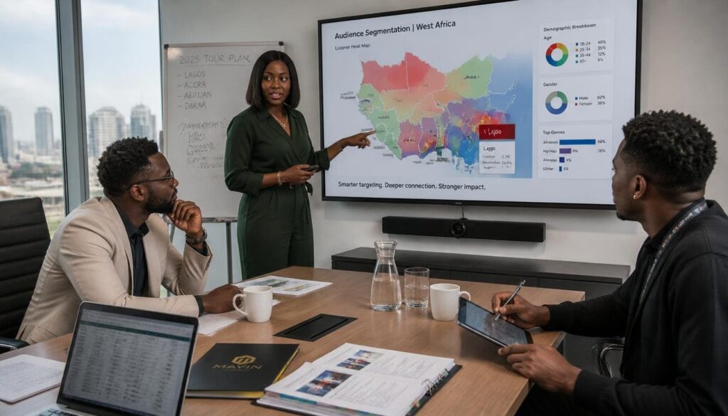 Focused music producer brainstorming release strategies with a team in a corporate conference room.