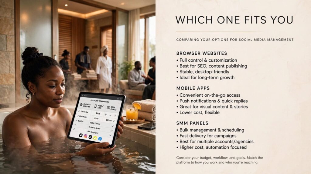 Clear graphic comparing websites, mobile apps, and panels for social media boosting.