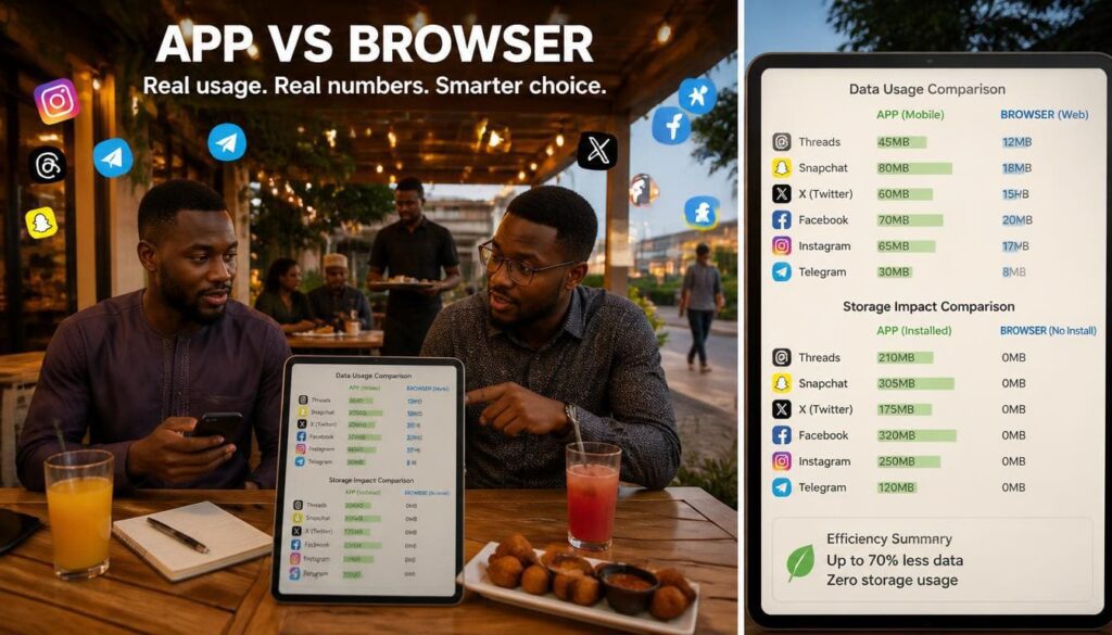 Infographic comparing follower growth via mobile apps and web browser platforms.
