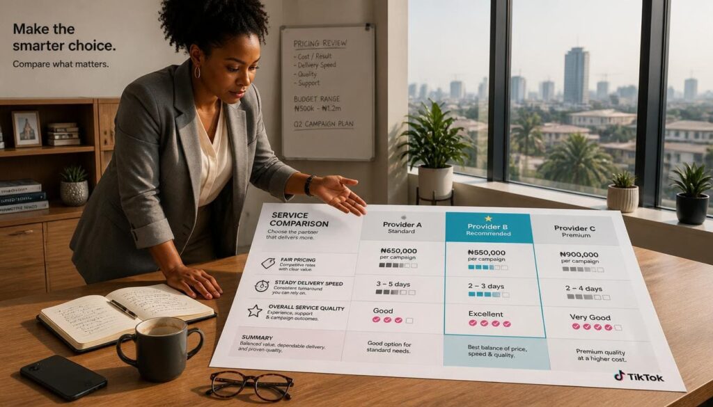 Detailed comparison table evaluating pricing structures, service quality, and delivery speed for platforms.