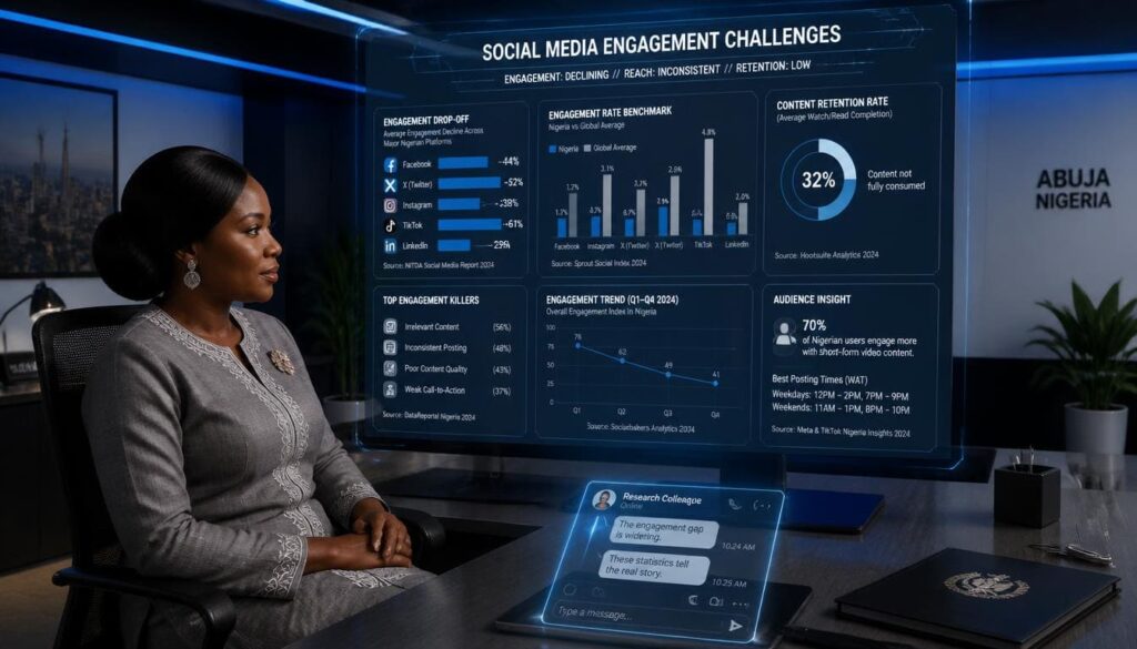 Informative graphic explaining why Nigerian Facebook pages experience low follower growth and poor audience retention rates.
