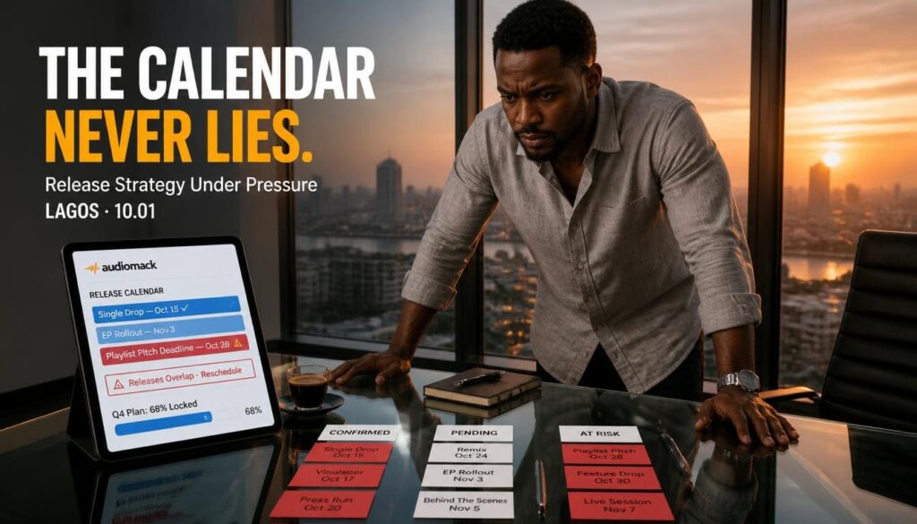 Nigerian music producer working at modern office glass desk planning six week release strategy