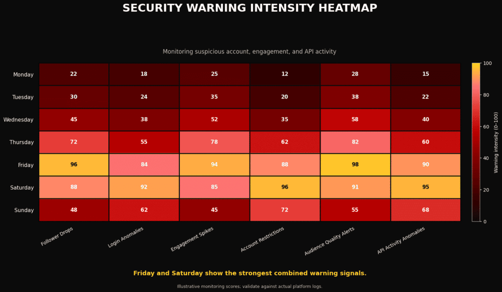 Heatmap visualization highlighting security flags and fake likes spread across profiles.