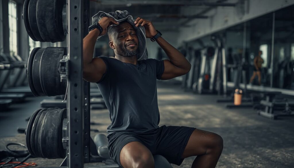 Exhausted Nigerian fitness trainer resting by gym equipment after constant daily workout routines
