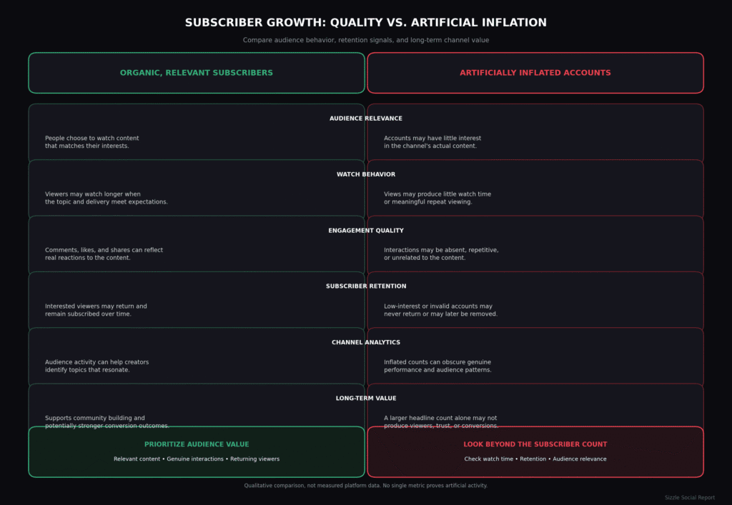 Comparison graphic illustrating organic subscribers versus fake account bots