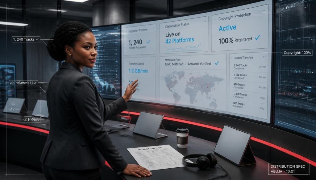 High tech substation control room metaphor showing seamless digital music delivery pipeline across networks