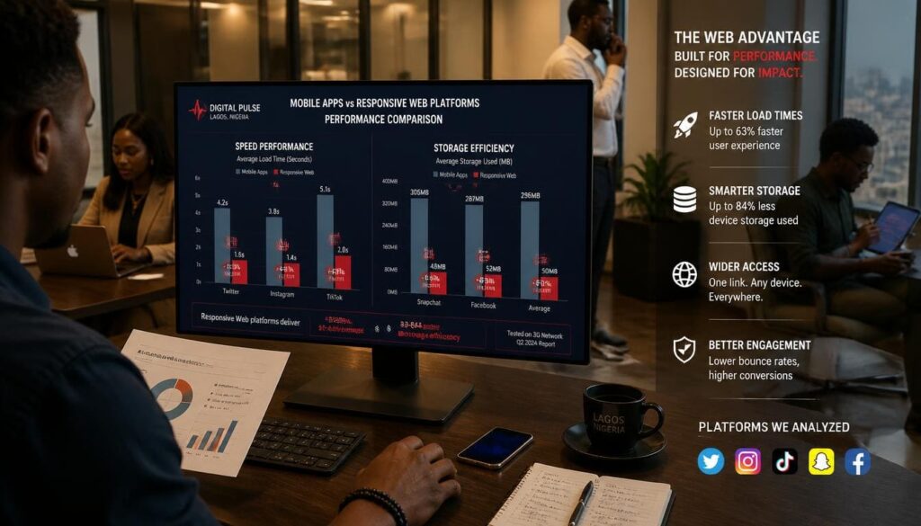 Bar charts comparing performance metrics between mobile applications and browser-based growth platforms.