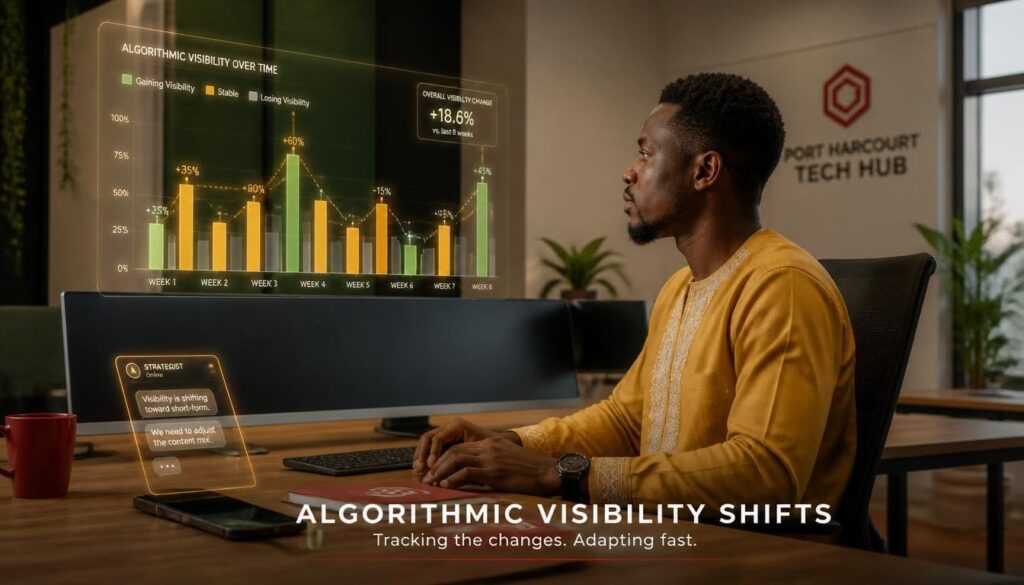 Dynamic bar charts showing declining social media algorithm visibility due to low user engagement levels