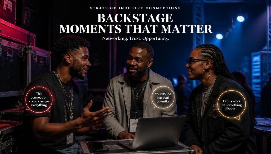 Captivating photo showing a young Nigerian music producer connecting with music industry executives at a live concert