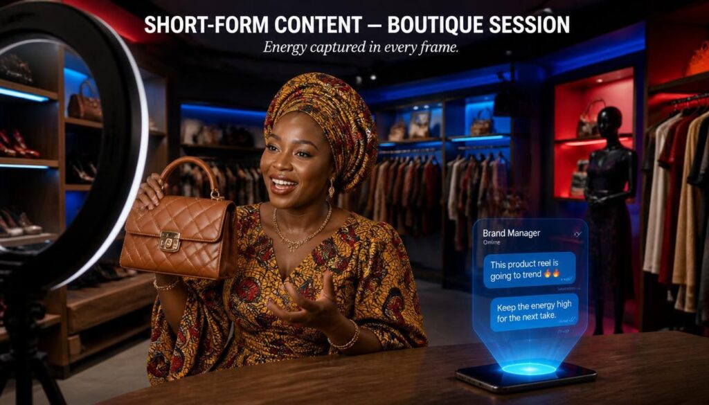 Engaging video production frame showing creators recording fast-paced Facebook Reels for business visibility.