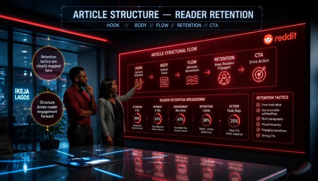 Structural infographic depicting the five key building blocks of high performing article content