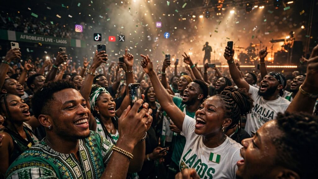 A lively crowd of Nigerian fans enjoying a live music concert filled with good vibes