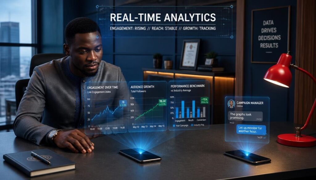 Clear mobile interface showing instant order tracking and analytics dashboards