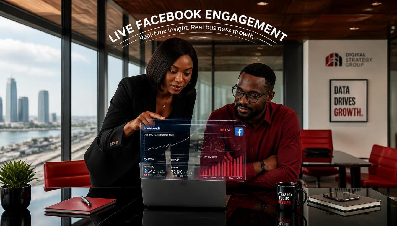 Professional digital strategist reviewing Facebook engagement metrics on a modern corporate glass desk in Lagos.