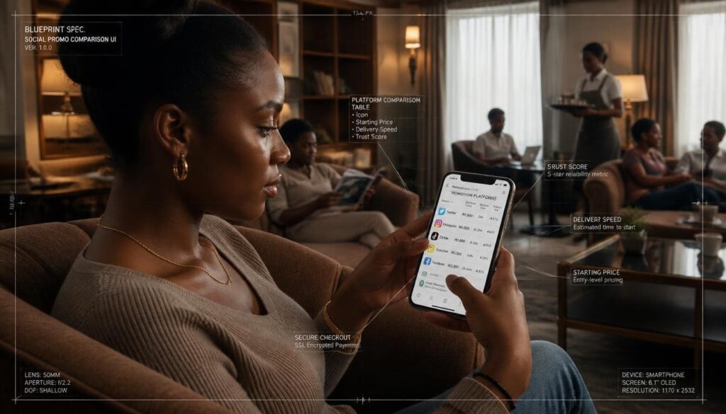 Young Nigerian business owner comparing social media promotion platforms on a smartphone screen