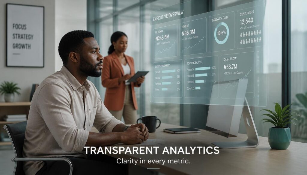 Professional evaluating analytics dashboard on a modern glass house tech workstation screen.
