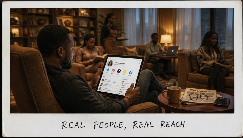 Nigerian entrepreneur checking active follower profiles and authentic comments on a tablet device