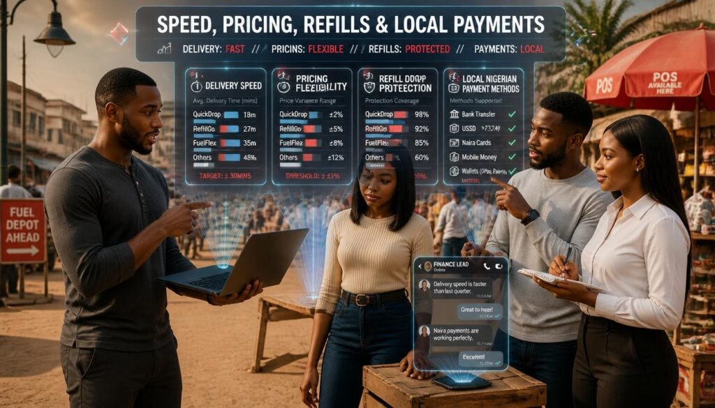 Evaluates delivery speed, pricing flexibility, refill drop protection, and local Nigerian payment methods.