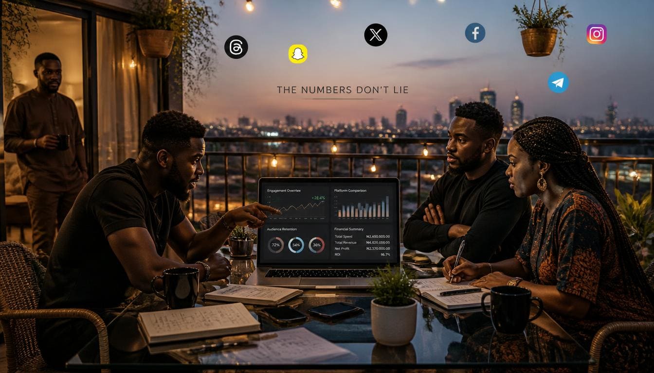 Modern workspace in a Lagos office with analytics dashboards on a glass desk displaying social growth metrics