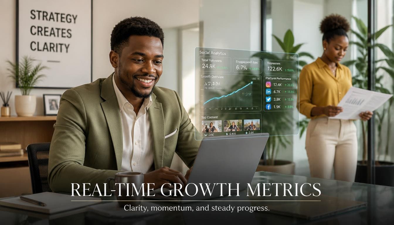 Feature image showing a vibrant Nigerian team using a social media growth platform on a glass desk.