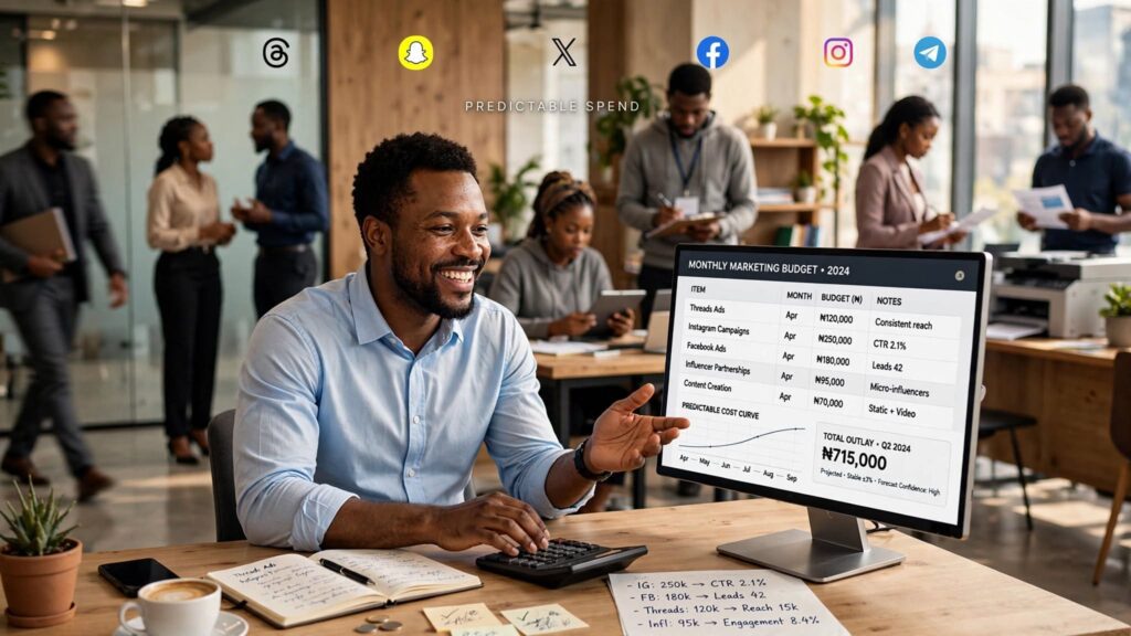Financial planner analyzing predictable Naira prices for affordable local marketing services
