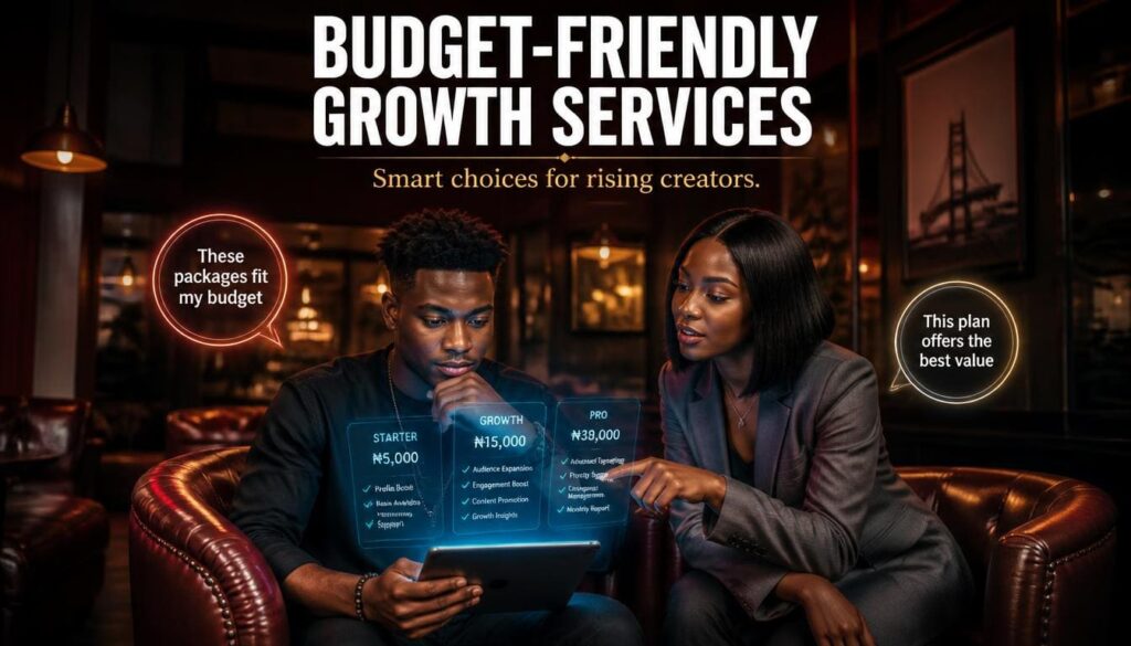 Nigerian entrepreneur reviewing affordable video promotion options on a sleek mobile phone