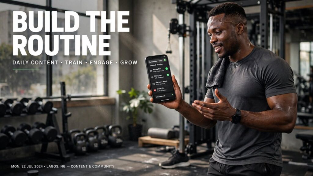 Fitness trainer planning a consistent daily content schedule between workout sessions at a gym.