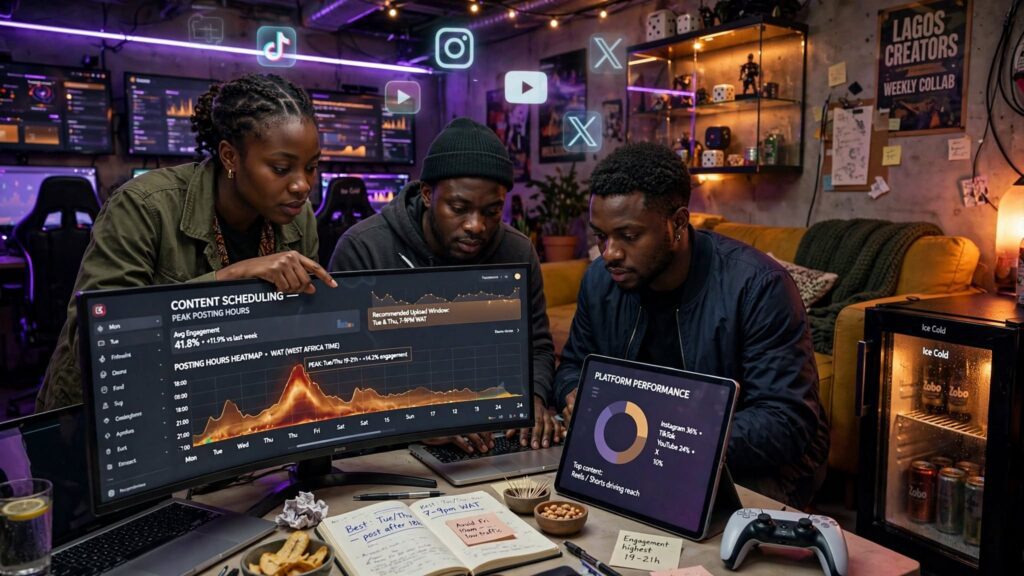 Focused Nigerian digital creators checking optimal publishing hours inside a vibrant gamehouse