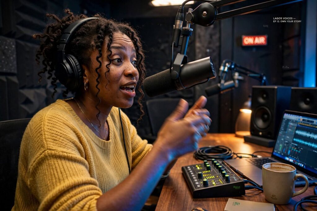 Focused Nigerian podcaster speaking into a microphone inside a modern Lagos recording studio