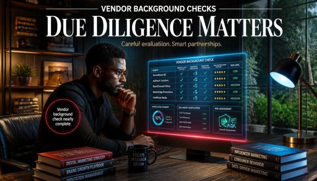 Nigerian entrepreneur conducting background check on promotional service provider reviews and domain age information