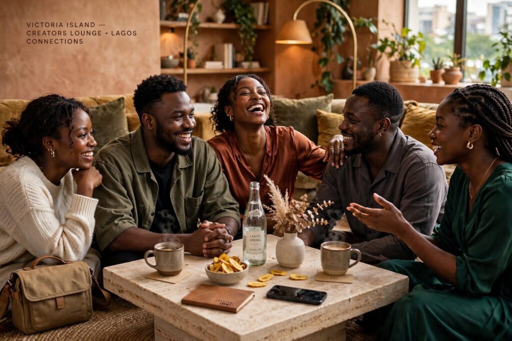 Friendly creators networking and sharing ideas during an evening meetup at a Lagos lounge