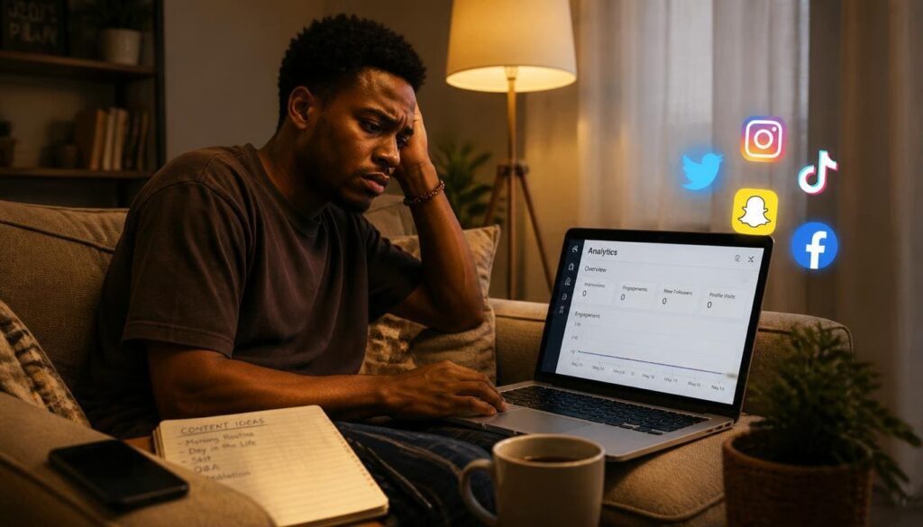 Frustrated Nigerian creator staring at an empty laptop screen in a lounge.