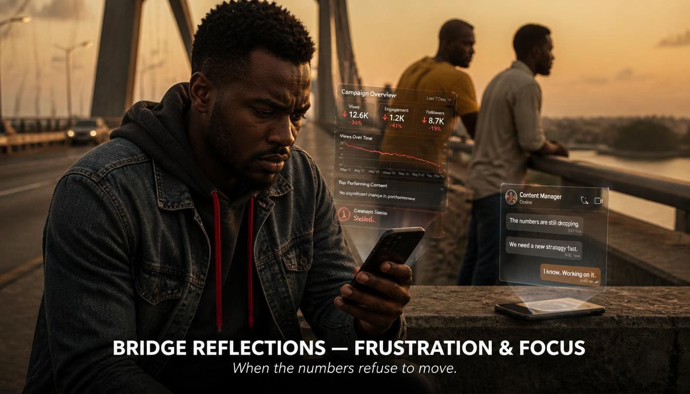 Alt Frustrated Nigerian content creator staring at a stagnant Facebook dashboard on a laptop in a Lagos office