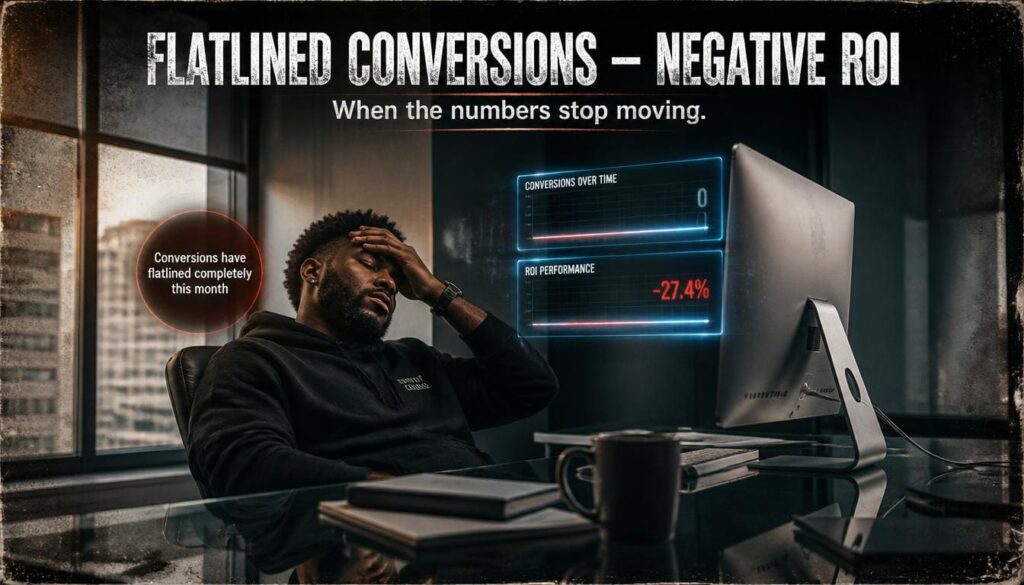 Nigerian creative entrepreneur experiencing frustration over poor promotional results on desktop monitor at work