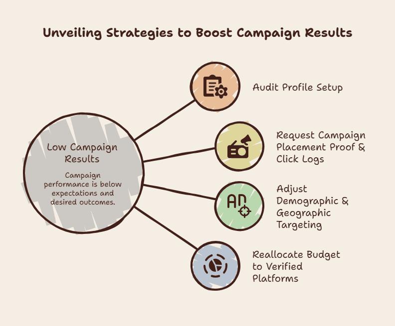 Diagram showing strategies to boost low campaign results, including audits and budget reallocation