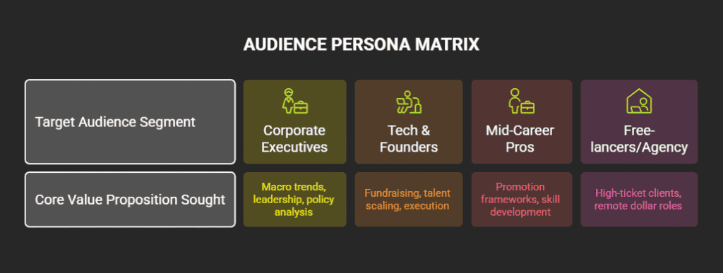 Matrix chart showing audience personas and their core value propositions for content strategy