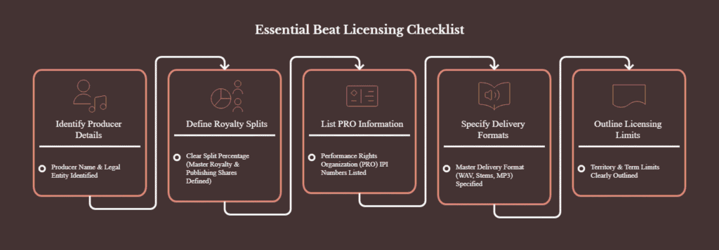 Checklist graphic outlining five essential steps for beat licensing agreements