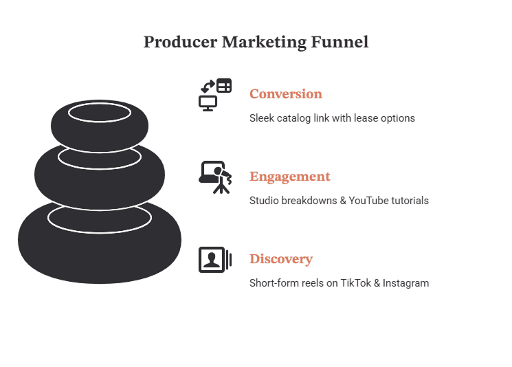 Funnel graphic showing the producer marketing journey from discovery to conversion