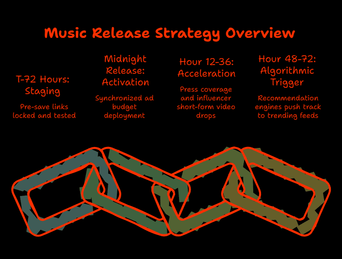 Timeline graphic of a music release strategy from staging to algorithmic trigger
