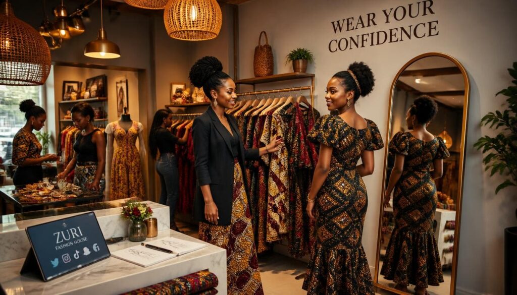 Happy Nigerian boutique owner welcoming a customer inside a stylish fashion house with warm lighting