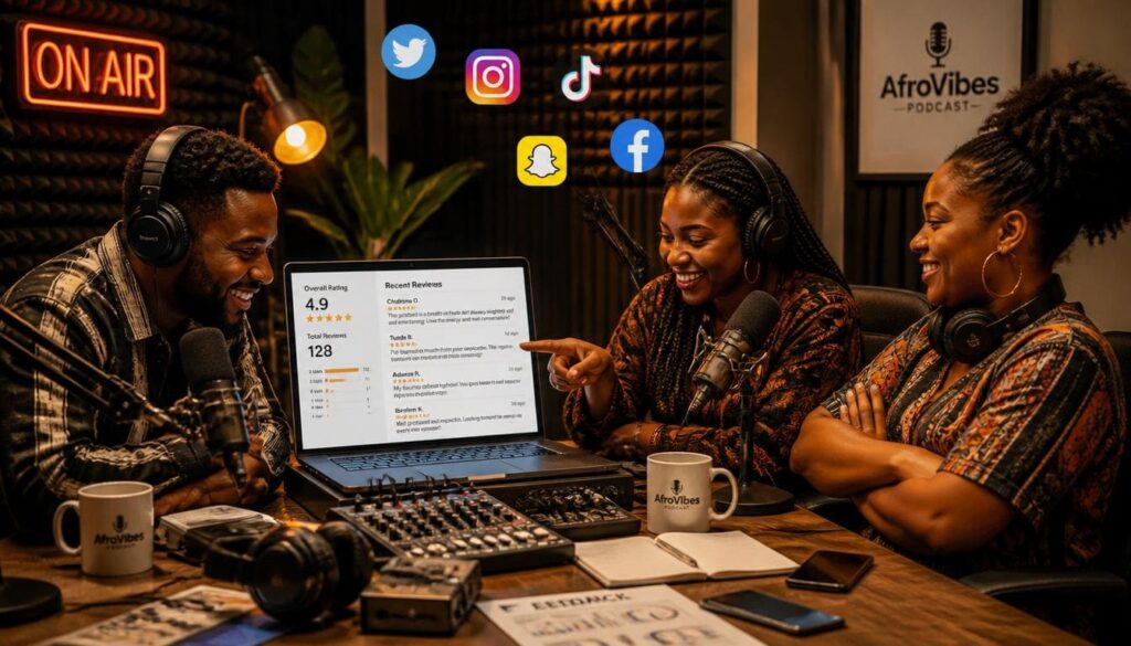 Happy Nigerian creators sharing positive service reviews inside a professional podcast studio.