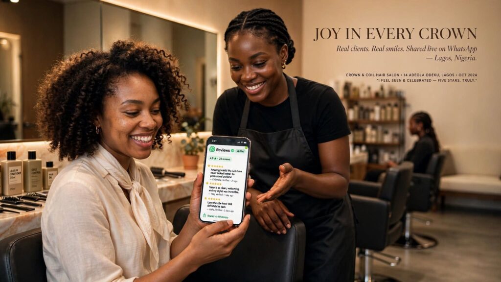 Happy customer sharing glowing review screenshots inside a modern, well-lit Lagos hair salon.