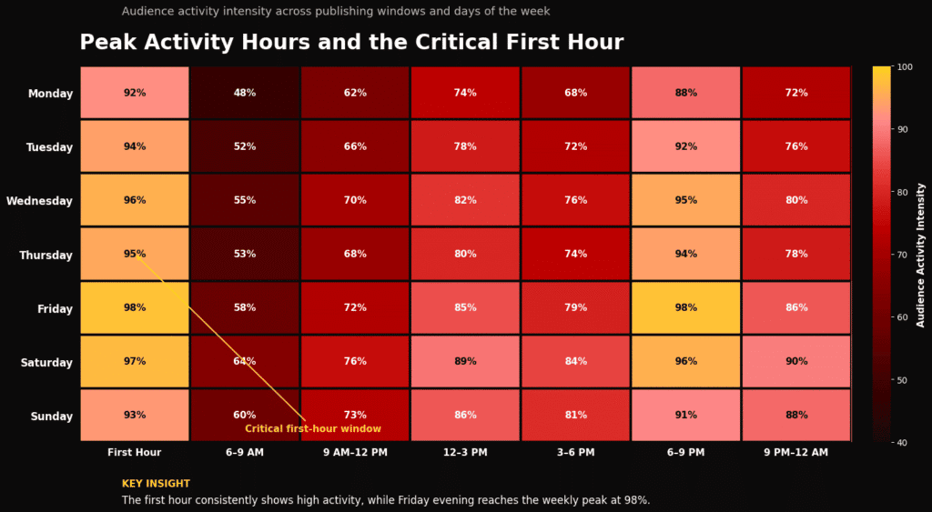 Heatmap graphic showing peak activity hours and the critical first hour after publishing updates.