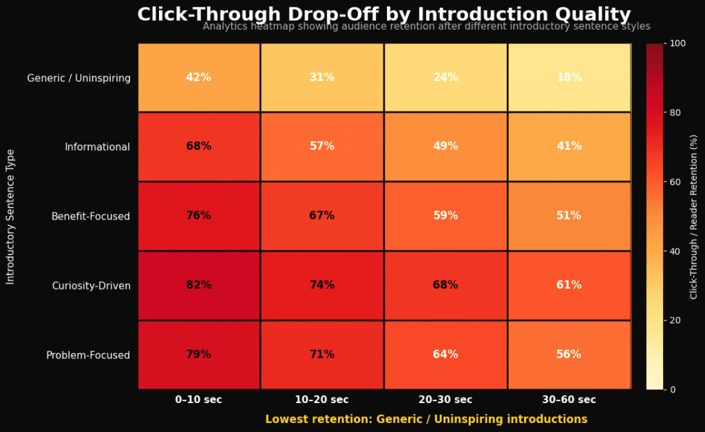 Analytics heatmap displaying click through drop off rates caused by uninspiring introductory sentences