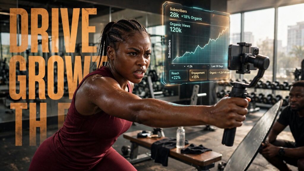 Fitness trainer filming YouTube Shorts video content inside modern gym