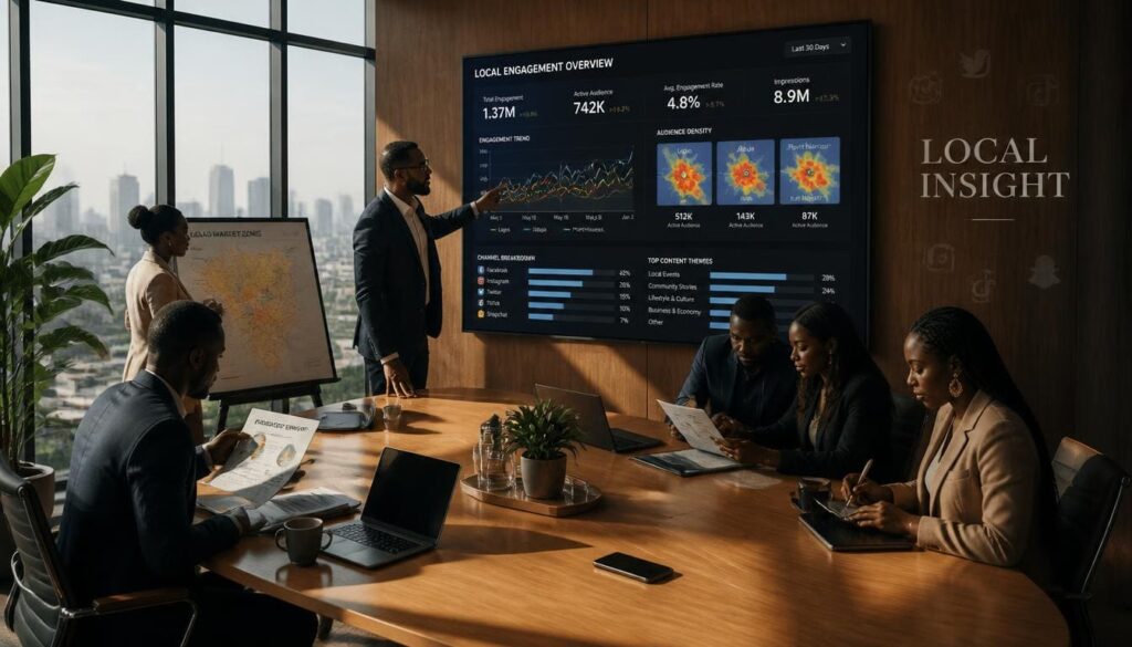 Video still of a Nigerian business owner reviewing geo-targeted audience campaign analytics.