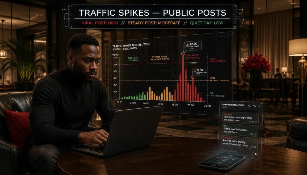Histogram chart graph showing the frequency of public post uploads and resulting profile traffic spikes.