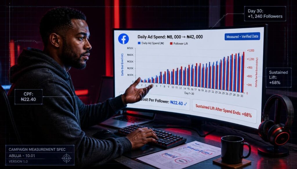Statistical histogram chart correlating campaign daily ad spend with total daily follower count lift